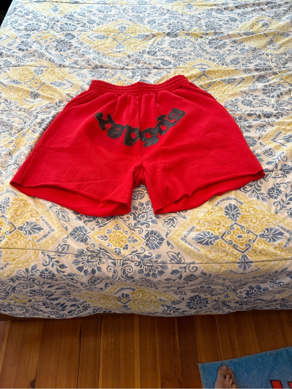 Sp5der Red Studded OG Drawstring Sweat Shorts with Black Logo Patch